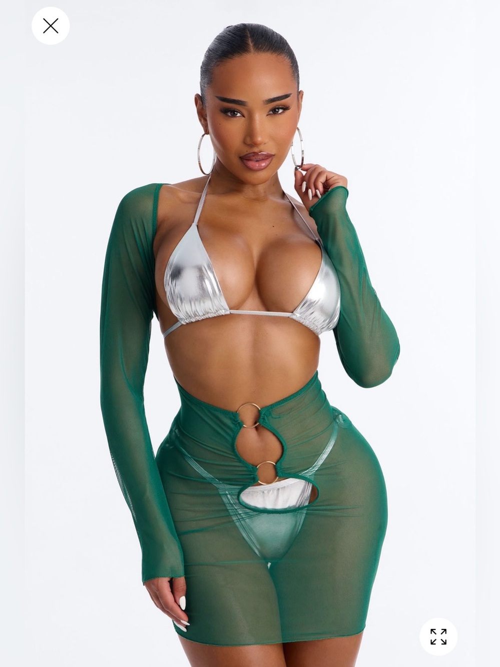 Brand New Fashionnova Sheer Emerald Green Cut-Out Mesh Dress with Silver Rings